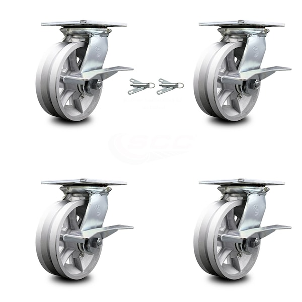 Service Caster 6 Inch V Groove Semi Steel Caster Set with Roller Bearing 4 Brake 2 Swivel Lock SCC-35S620-VGR-SLB-BSL-2-SLB-2 - main
